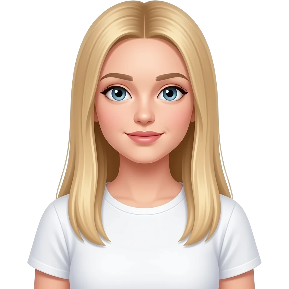bella ragazza russa bionda capelli lisci lunghi e occhi chiari, con maglietta bianca e Sleepy emoji