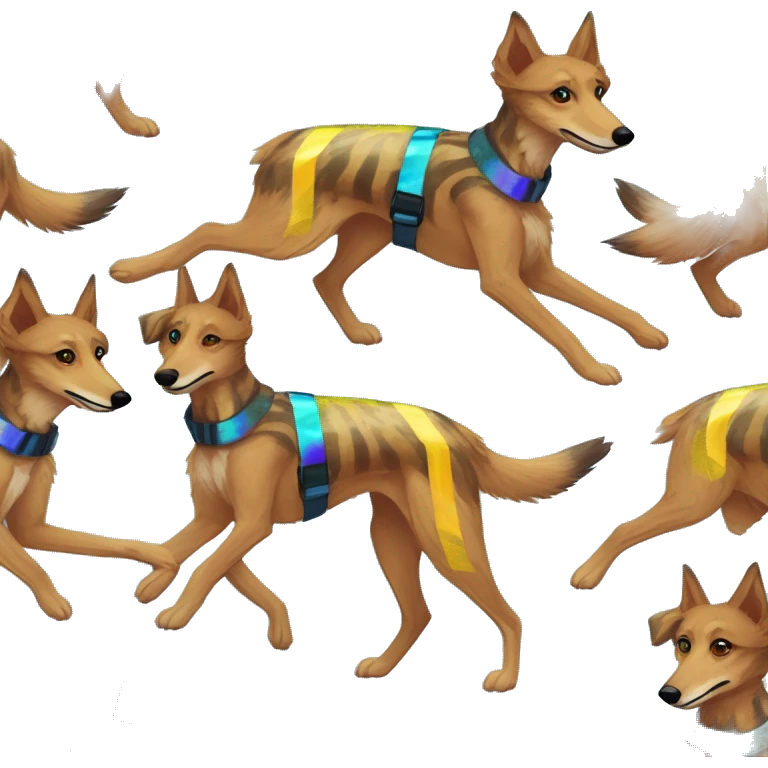  brindle brown black maroon striped lurcher Alsatian fox running blue eyes and iridescent holographic oilslick harness wearing paper iridescent tropical flower crown yellow caution tape emoji