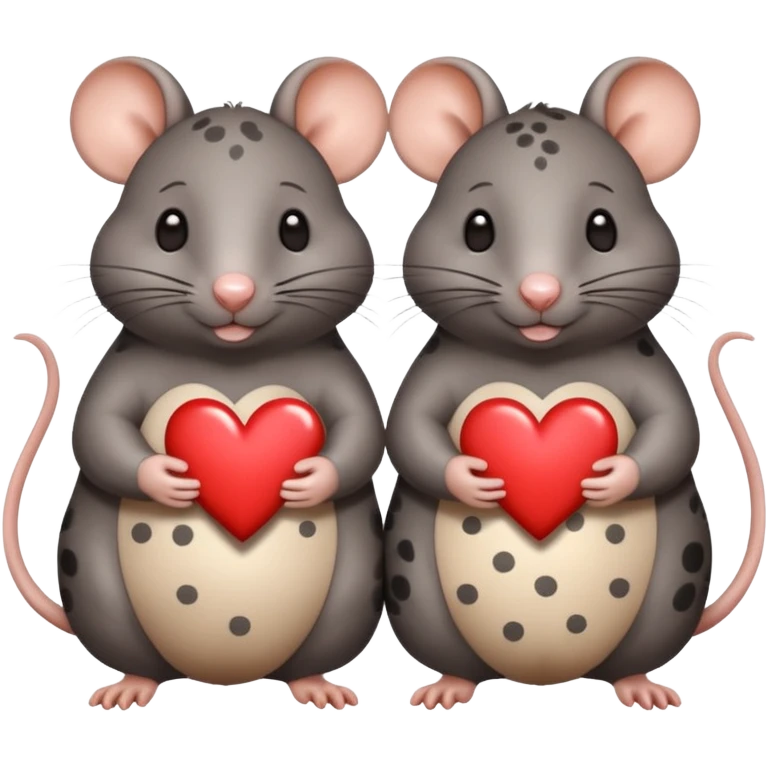 two fat little rats holding hearts one dark grey with white bigger spots the other rat warm brown without spots emoji