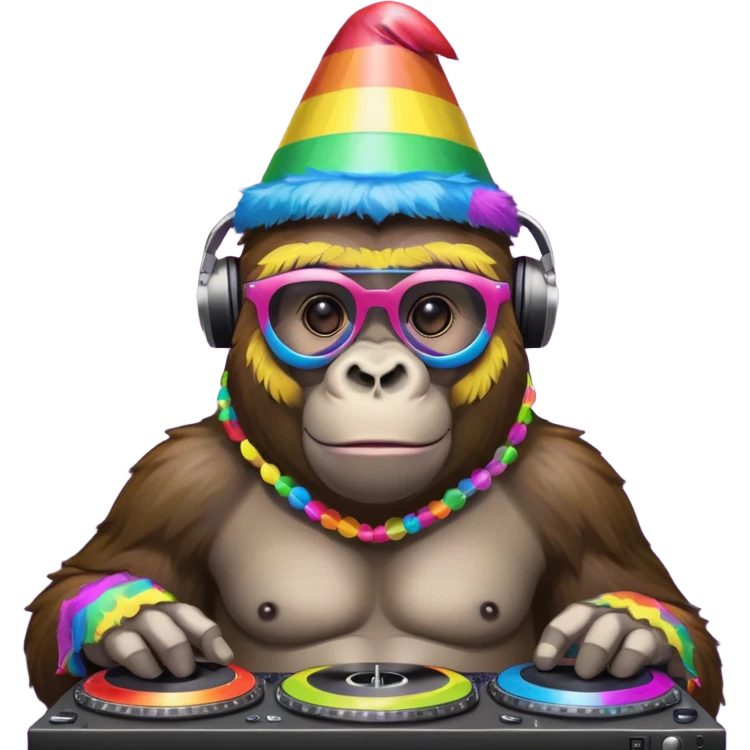 A gorilla with rainbow glasses at a party as a Dj emoji