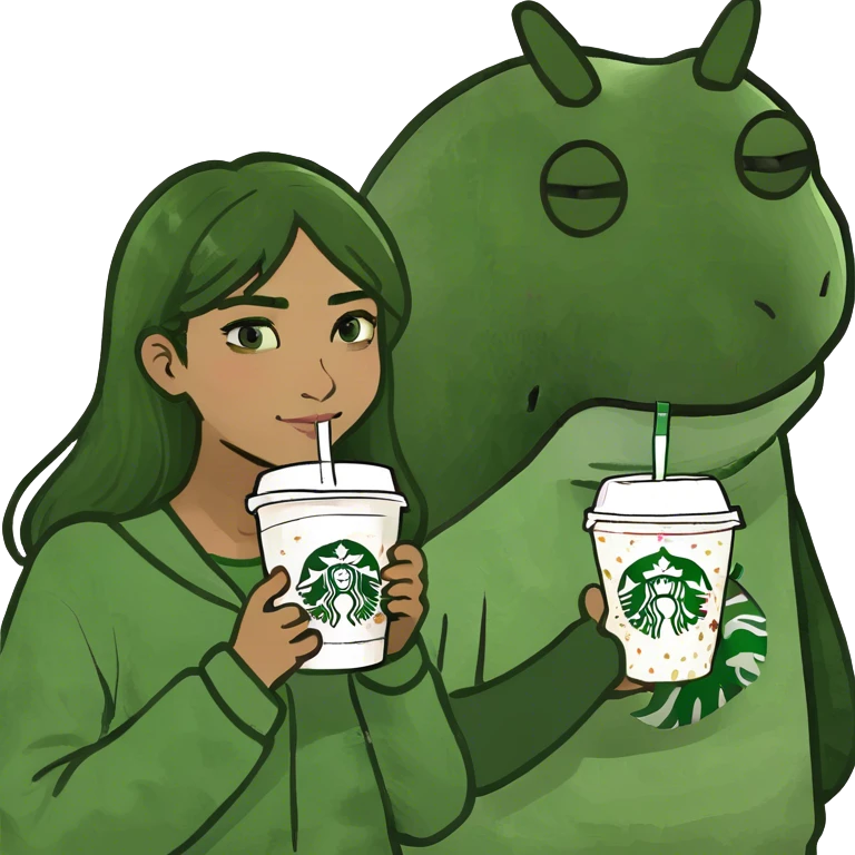 Una pareja con pijama de sapitos con un starbucks emoji
