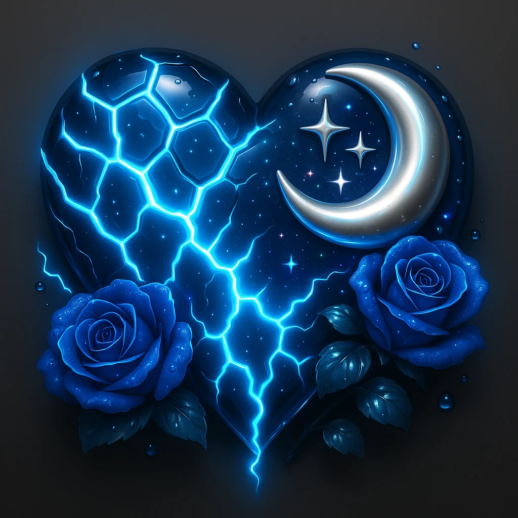 Add more neon lightning effects to the gothic heart with splintered deep blue glass, silver crescent moon, midnight blue roses, holographic stardust, wet look, in the style of 3D emoji style. emoji