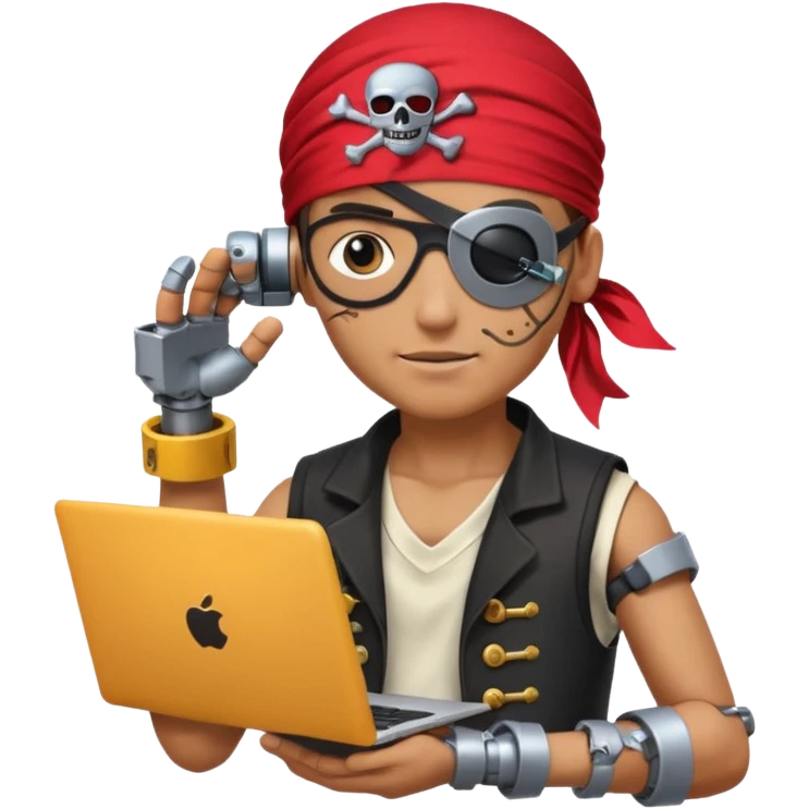 pirate with a robotic arm, holding a laptop, wearing a bandana and eye patch, digital era pirate emoji