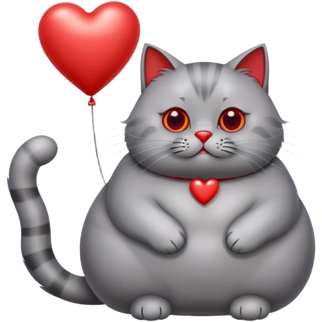 gray fat British cat and red heart metallic baloon emoji