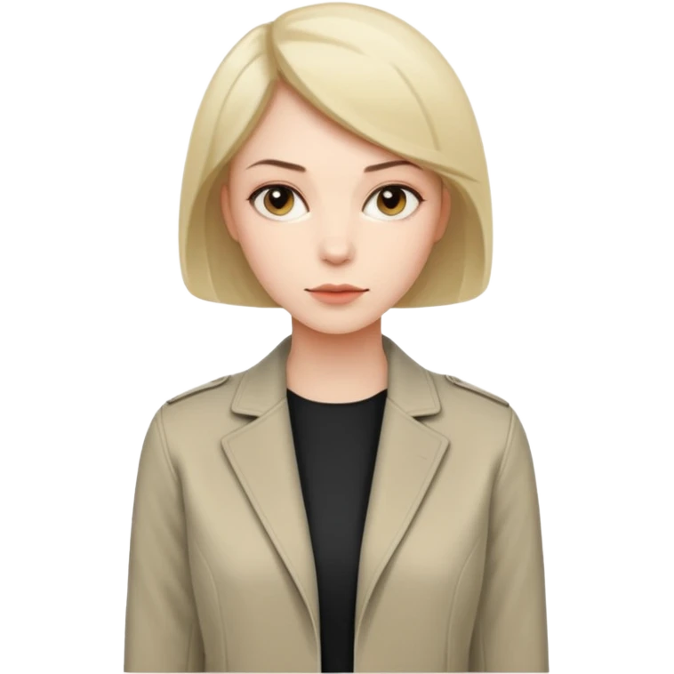 Женщина с аккуратным каре, нейтральное уверенное выражение лица, минималистичный жакет, стиль строгий и собранный. emoji