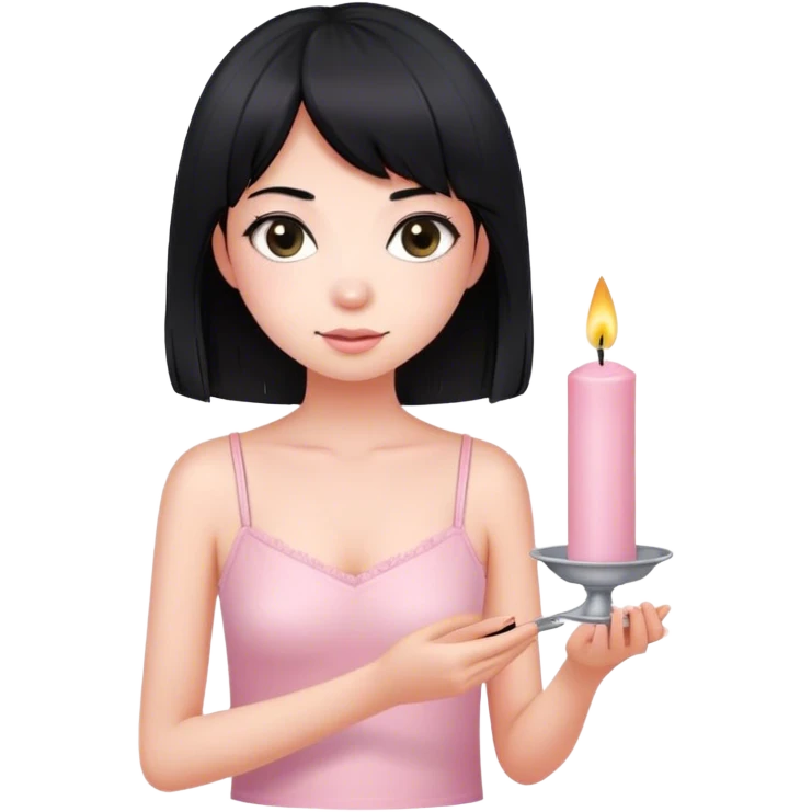 Girl with fair skin wearing light pink speghetti top has straight black medium length hair holding 25 candle in hand emoji