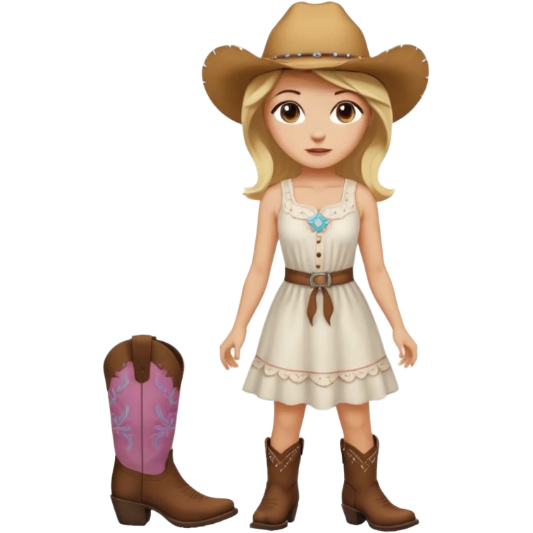 Please give me the woman standing emoji with a peach skin tone, medium length blonde hair, and dark brown eyes. Please make her wear a white sundress and brown cowgirl boots emoji