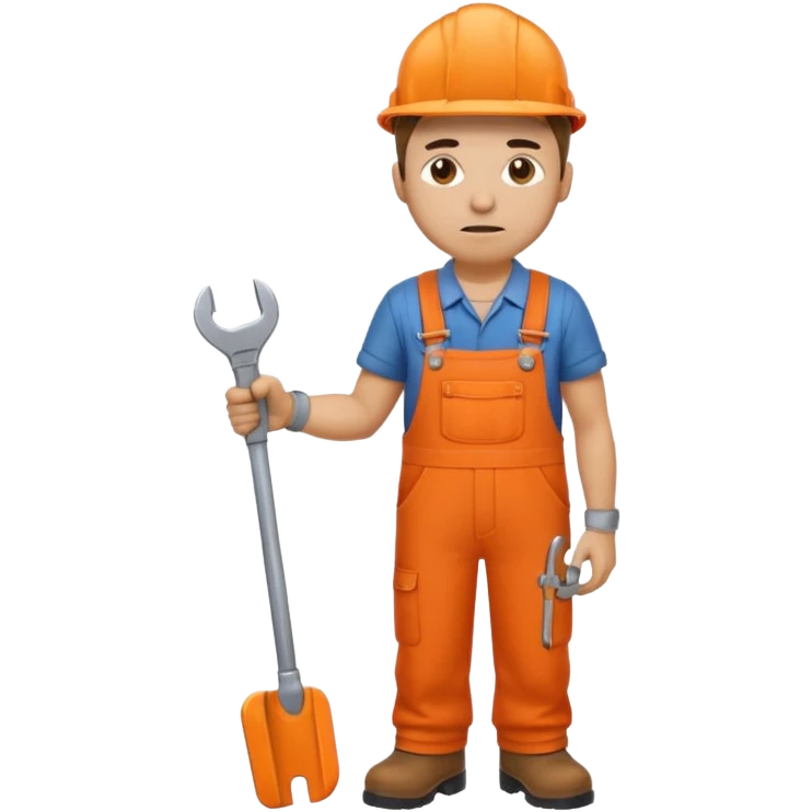 railway engineer, looking tired in orange overalls, boots, holding a spanner emoji emoji