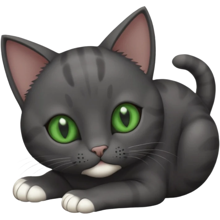 solid dark grey cat with green eyes, completely solid grey face, white toes/paws playing rolling upside down emoji