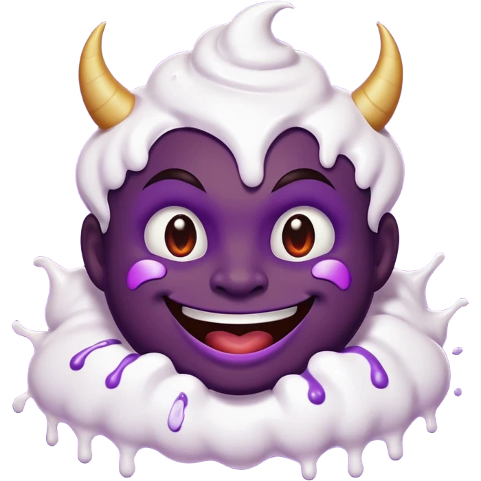Purple smiling Devilish emoji with white whipped cream splattered all across it’s face emoji