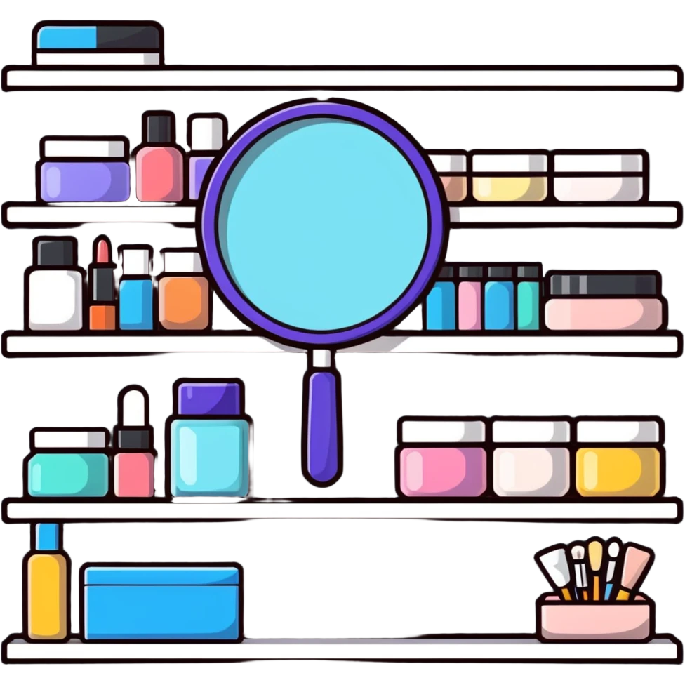 magnifying glass over empty beauty product shelf, searching emoji