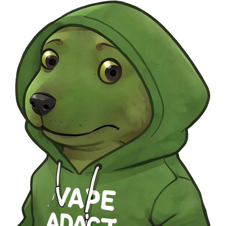 Small brown dog wearing a hoodie that says vape addict emoji