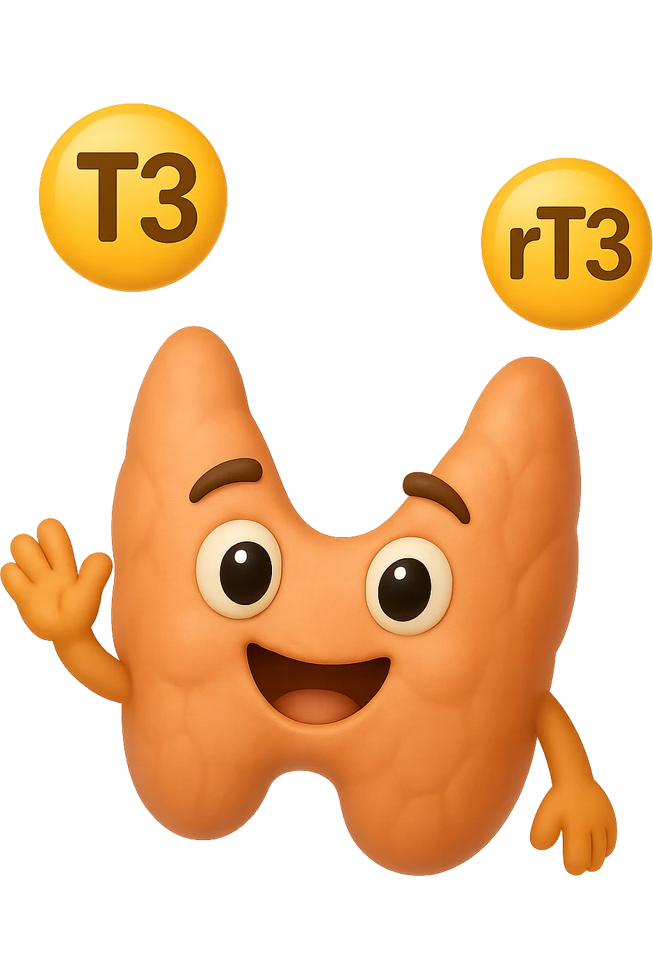 EMOJI STILE IPHONE 3D DI ormoni tiroidei (T3 ed rT3) che fluttuano in aria intorno ad una tiroide felice, iperrealistico 4k emoji