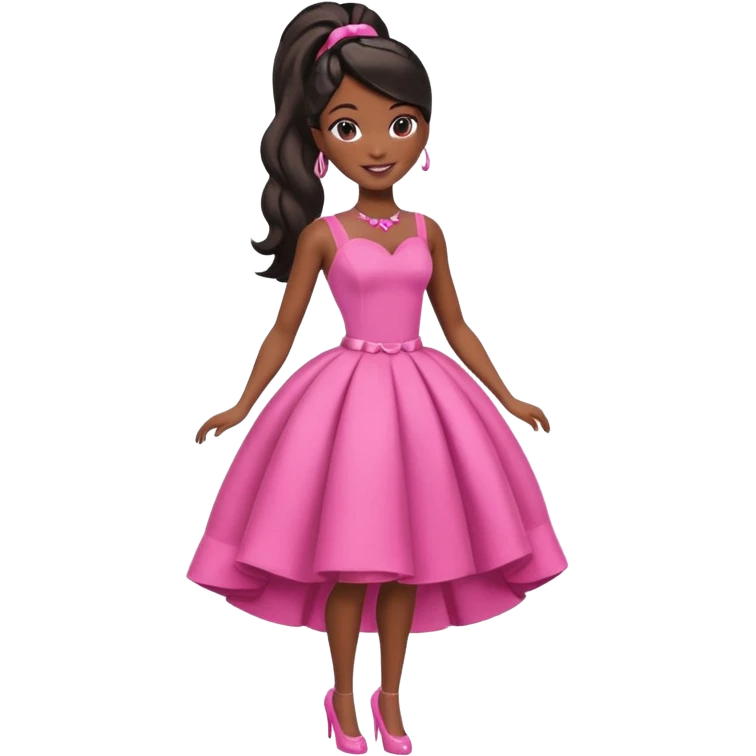 black barbie. typical barbie ponytail, pink dress, super pretty, full body, the only pink is her dress emoji