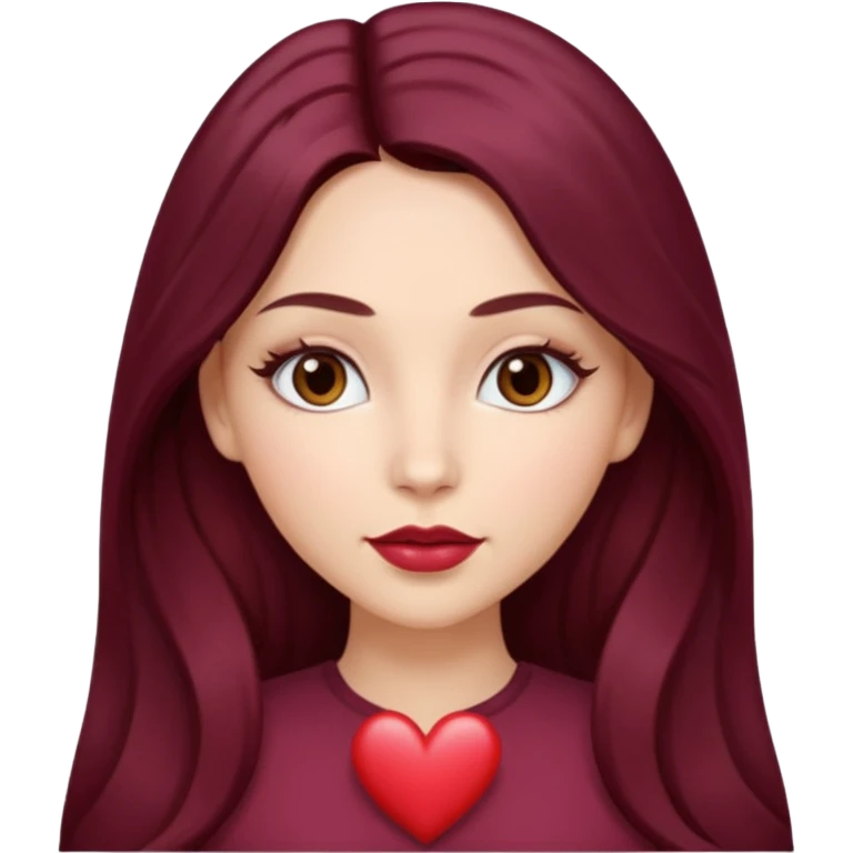 young white woman 
brown almond eyes
heart shaped lips
Long waist-long hair, center parted
slightly wavy
dark burgundy hair\ emoji