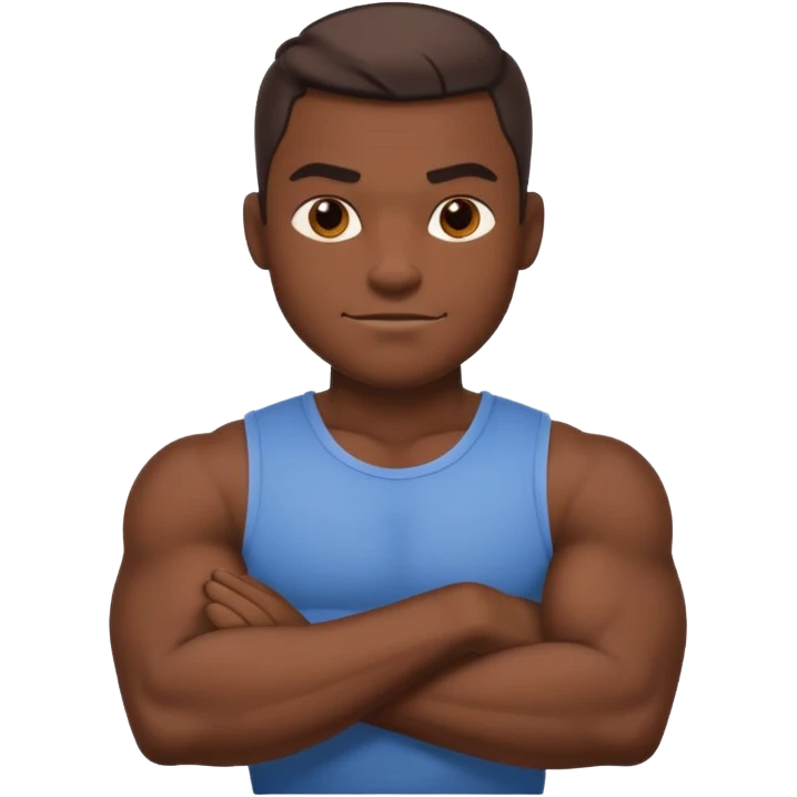 A confident, muscular cartoon male character with dark skin, crossed arms, smirking expression, bold, minimalistic lines, warm shadowing, stylized as an emoji icon. emoji