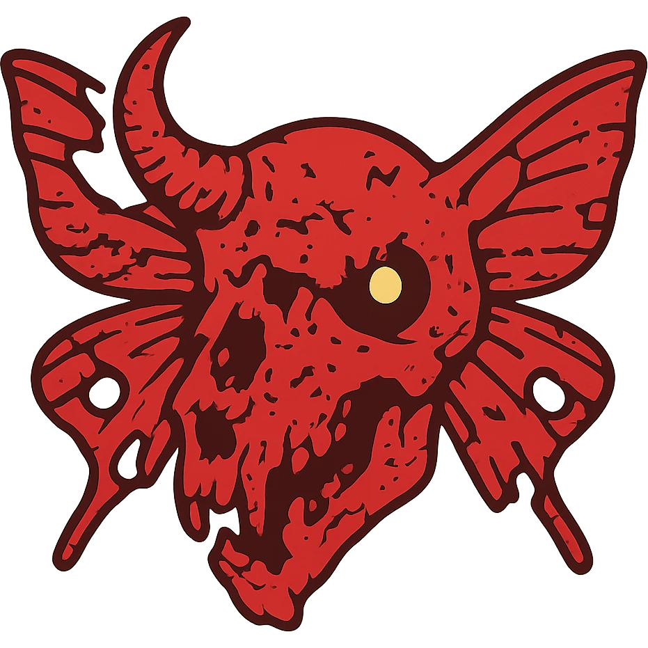 highly detailed yet weathered red horror icon of horrifically distorted minotaur-stoat skull fusion with jagged broken horn and malevolent glowing eye, tattered moth wings extending from skull, heavily damaged with deliberate weathering, missing sections, and eroded areas, complex bone textures, asymmetrical distorted features, hollow transparent areas amid detailed elements, 100% red with varied line weights emoji