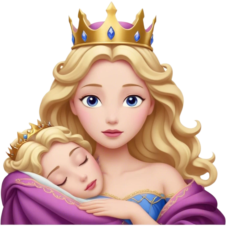 Cinematic Realistic Sleeping Beauty (Aurora) Portrait, with porcelain-like skin featuring a natural rosy flush, illuminated by soft lighting that highlights the gentle contours of her face. Her golden blonde hair flows in soft, detailed waves with subtle highlights that shimmer in the light. Her deep violet-blue eyes radiate warmth and innocence, framed by arched brows and long lashes. Her serene expression exudes quiet elegance. She is dressed in her classic pink gown, the fabric rich in texture with delicate folds that catch the light. A golden crown rests atop her head, gleaming with royal refinement. The portrait captures a soft, glowing aura, blending realism with an ethereal sense of beauty and timeless enchantment. emoji