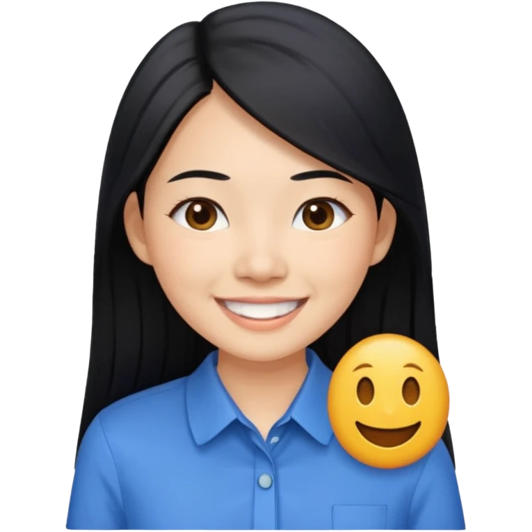 30 yr asian woman light skin long straight black hair big smile blue collared shirt emoji