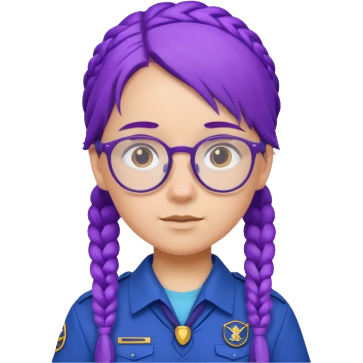 blue uniform wearing scout kid with braids and glassess with hat purple haired emoji