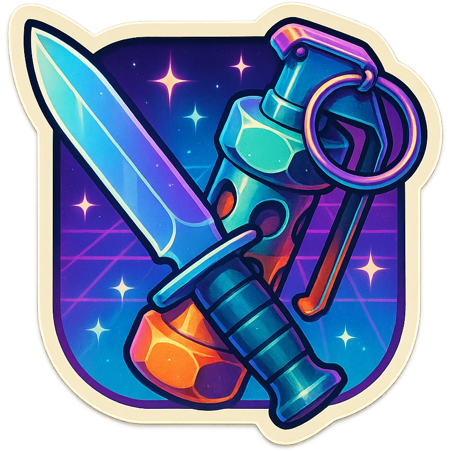 a crossed combat blade and flashbang, square symmetrical framing, 90s futuristic emoji