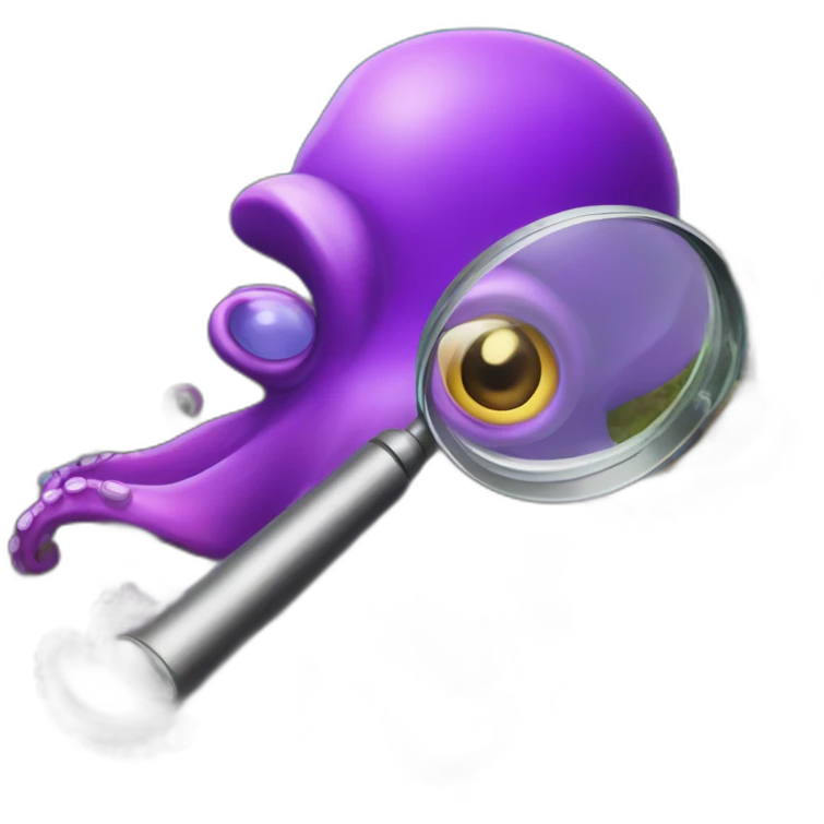 A bright purple octopus with a detective's cap, its tentacles expertly handling a magnifying glass, in a coral reef. emoji