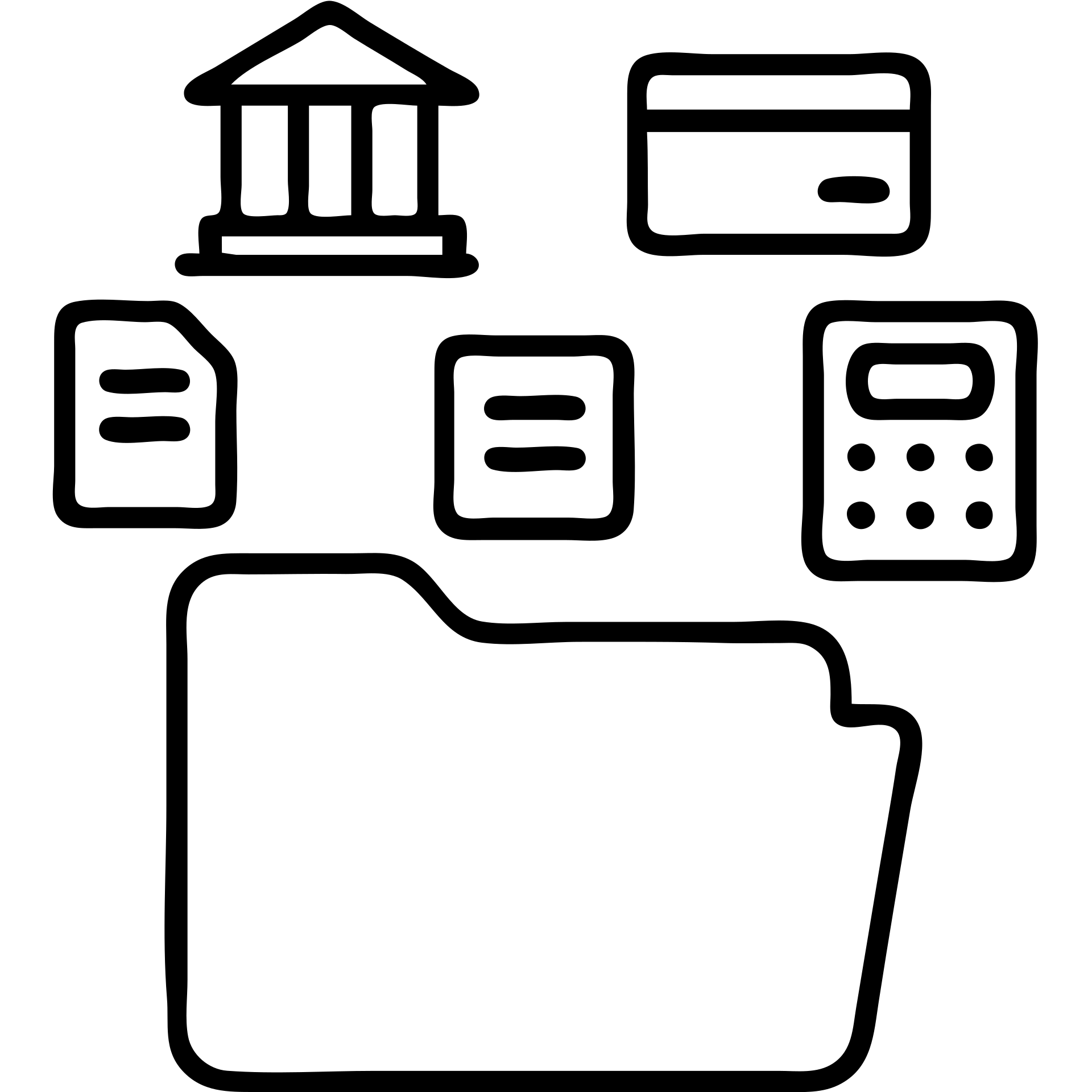 Closed folder icon with small symbols floating around: bank building, credit card, calculator, and document – organized financial archive emoji