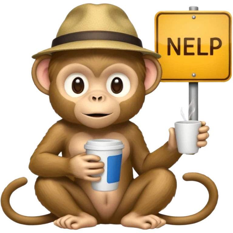 Monkey sitting beside a 'need help' sign, emoji