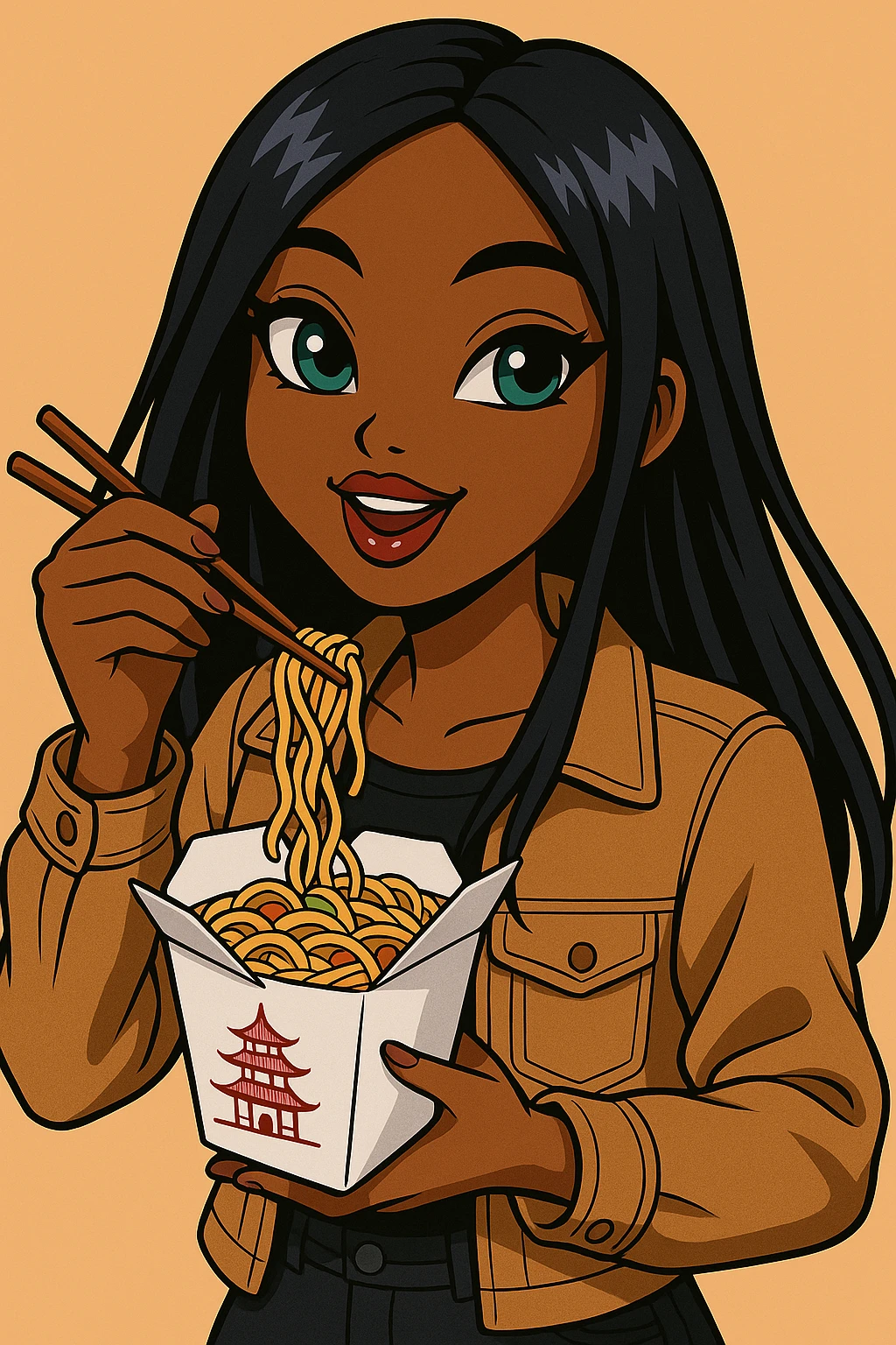 Change the pose to a headshot only of a 20-year-old anime Bratz style woman with dark skin, straight hair, trendy outfit, big expressive eyes, glossy lips, no hat, no tears, happy expression, looking straight ahead, eating out of a to-go Chinese food container with chopsticks. emoji