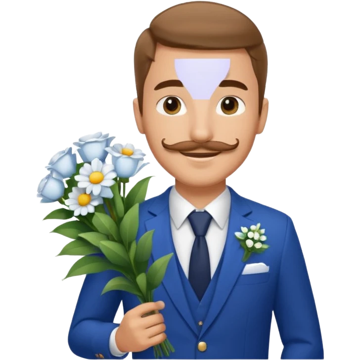 Homme 23 ans léger bouc moustache en costume bleu chemise blanche insigne cabin crew portant bouquet fleur blanche souriant  emoji