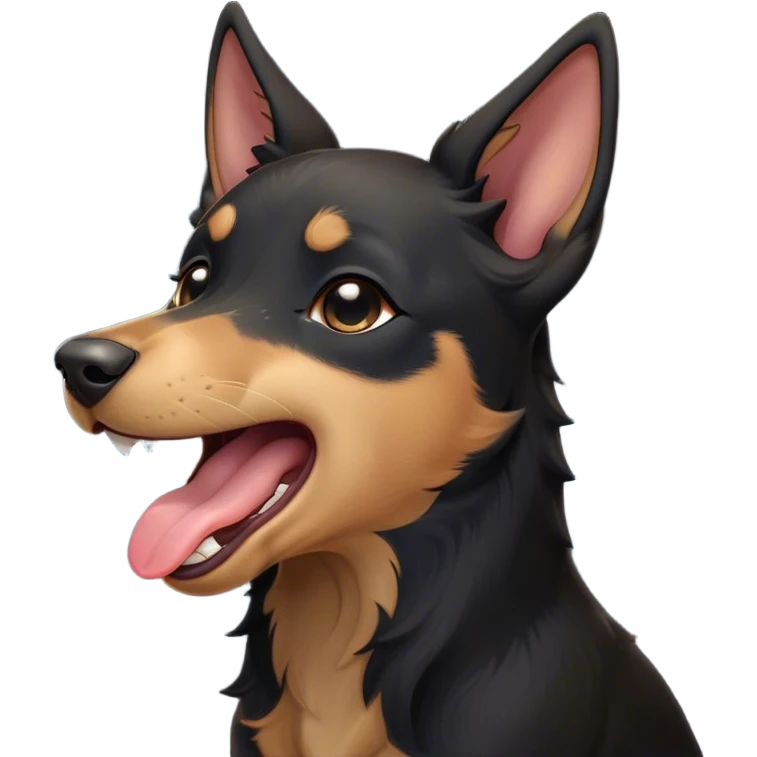 Cinematic Cute Yawning Black and Tan Kelpie Portrait Emoji, Head tilted slightly with a dramatic, wide-open yawn, showcasing a smooth black Fur with distinct tan accents, floppy ears slightly drooping, round dark eyes barely open in drowsy contentment, Simplified yet irresistibly adorable features, highly detailed, glowing with a soft, cozy glow, high shine, relaxed yet expressive, stylized with a touch of whimsy, bright and endearing, soft glowing outline, capturing the essence of a sleepy yet affectionate herder, so drowsy it feels like it could stretch out of the screen and curl up for a nap! emoji