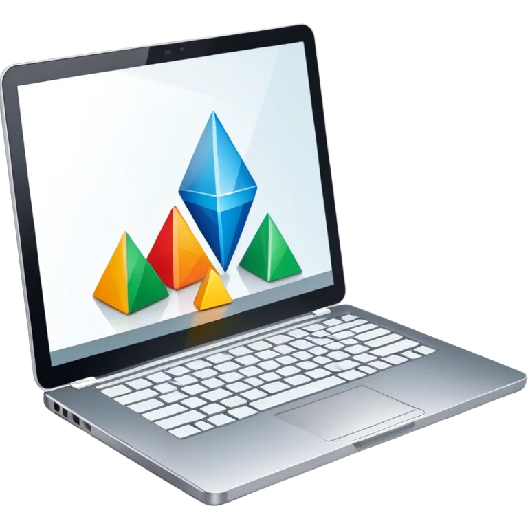 Professional icon for Graphic Design: a laptop with Photoshop open on the screen, displaying geometric shapes like spheres, cubes, and pyramids, along with a stylus. The icon should reflect the creative process in graphic design. Transparent background. emoji