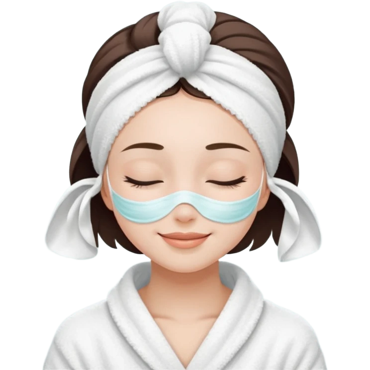 cute girl with her eyes closed and smiling, wearing a white spa towel as her clothes in she has a white spa towel on her head, white face skincare mask emoji