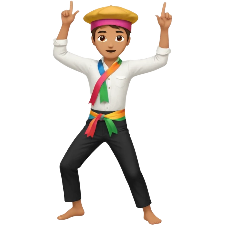 barefoot man dancing in black pants, white shirt, colorful sash, and piri hat, snapping his fingers near his head with arms raised and elbows bent emoji