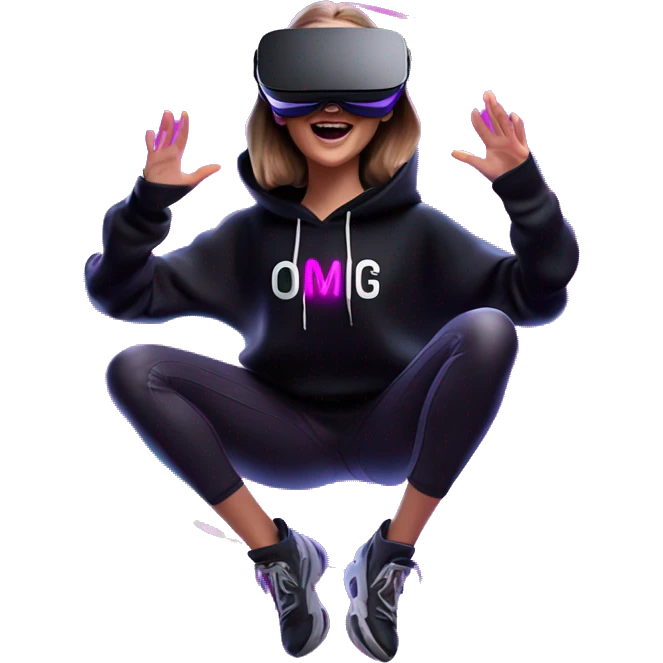 Russian girl wearing black hoody with violet letters "OMG", in vr headset oculus quest2. jumping. Cyberpunk style. Violet neon. emoji