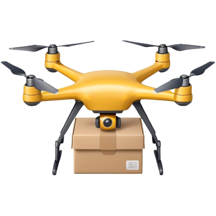 Delivery drone sticker, quadcopter carrying small package box, friendly design, simple flat vector style, soft shadow, white outline, transparent background emoji