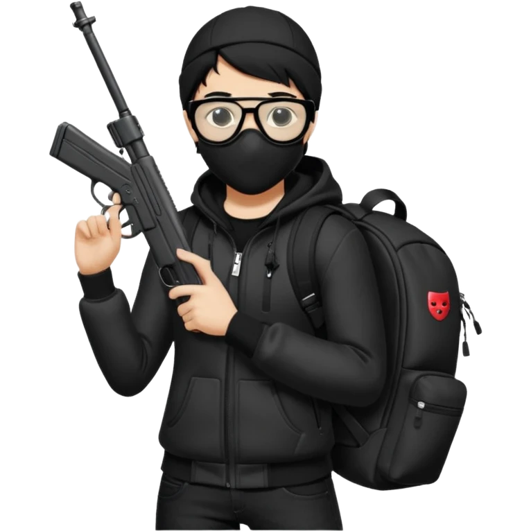 YN wearing a ski mask, holding a gun, all black fit, black jeans, Sprayground bookbag, confident stance, with glasses emoji