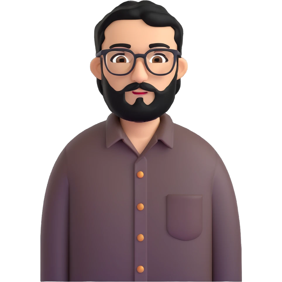 man with medium black beard, black hair, connected unibrow, olive tan skin, brown eyes, glasses, prominent long nose, wearing casual business attire like a button-up shirt without tie emoji