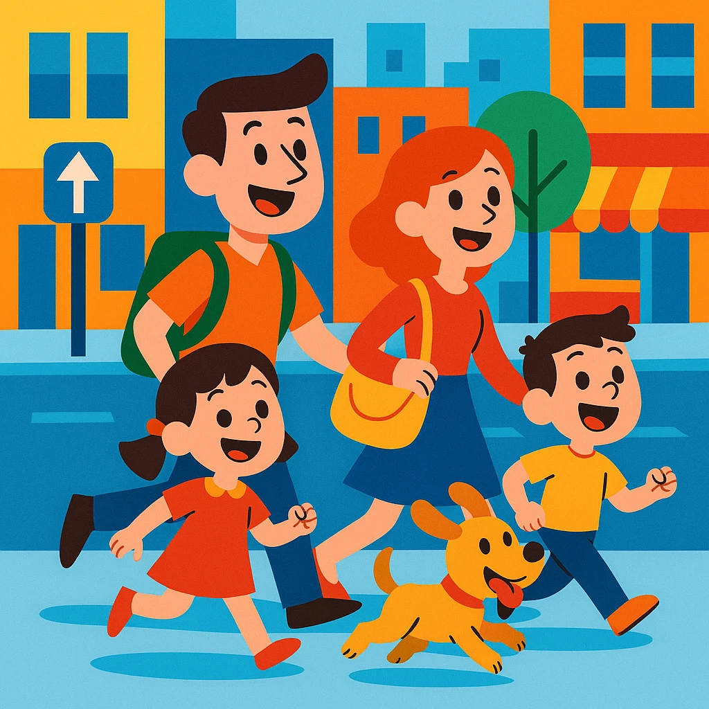 cartoon family with a pet dog, exploring city streets, lively urban setting, fun atmosphere, vibrant toon style emoji