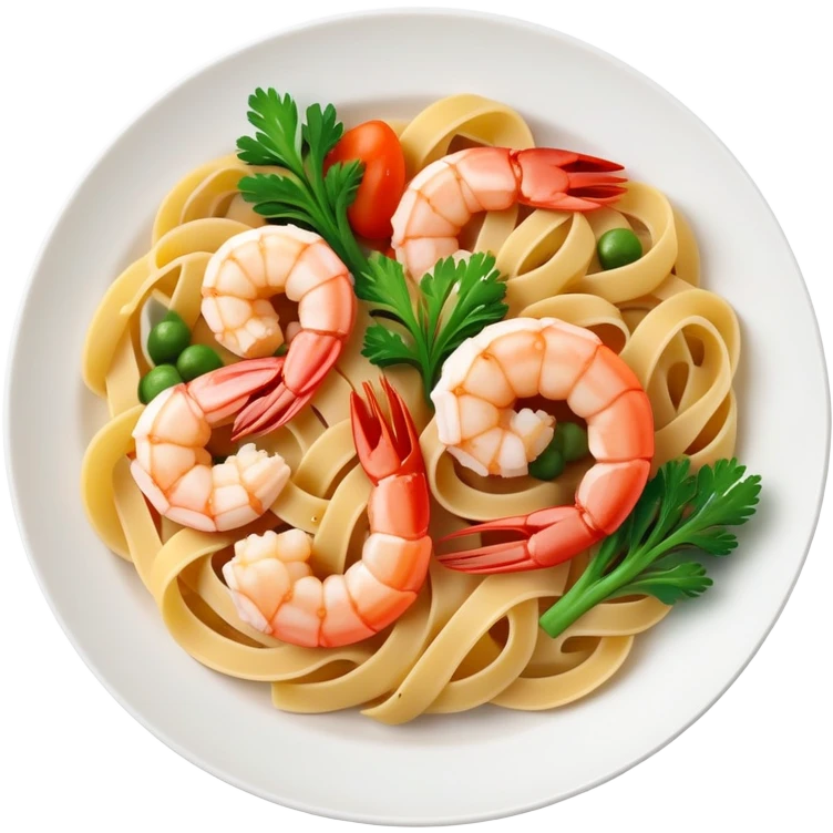 Shrips meal with pasta on plate with some vegetables too emoji