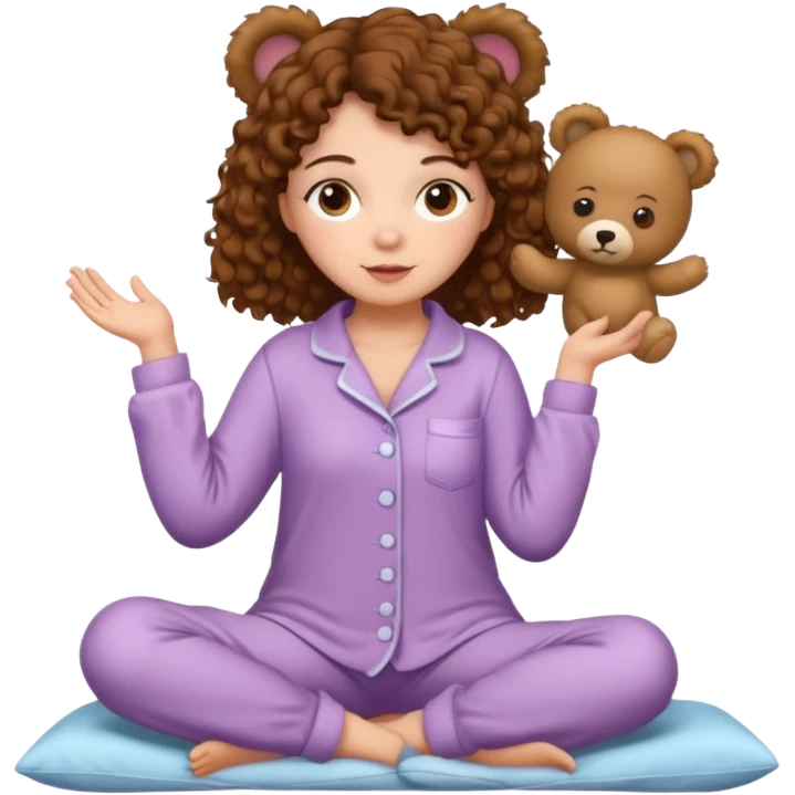 Woman with brown eyes, brown curly hair, white skin, full body in cute pijama bear emoji