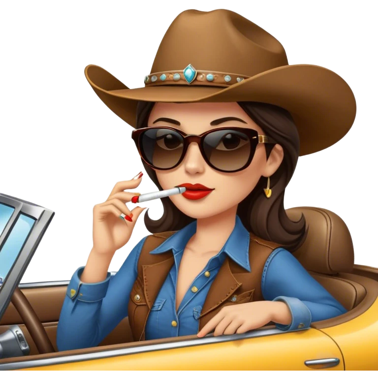 Brunette Cowgirl wearing sunglasses, smoking a cigarette and driving emoji