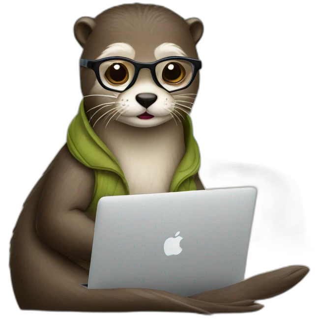 female vet otter with glasses use a macbook while seated against a pillow emoji