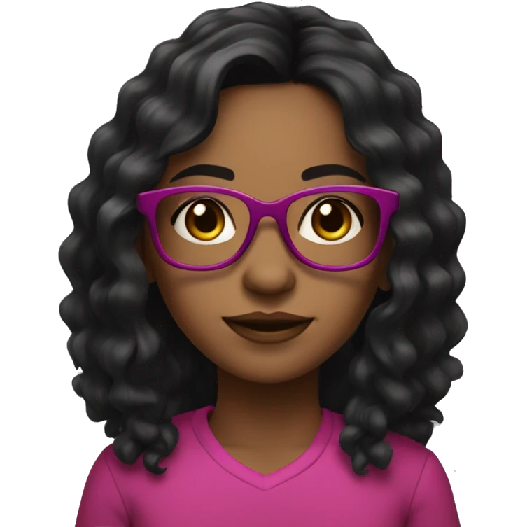 Girl with long wavey black hair and brown skin and brown eyes and fuchsia and black glasses emoji