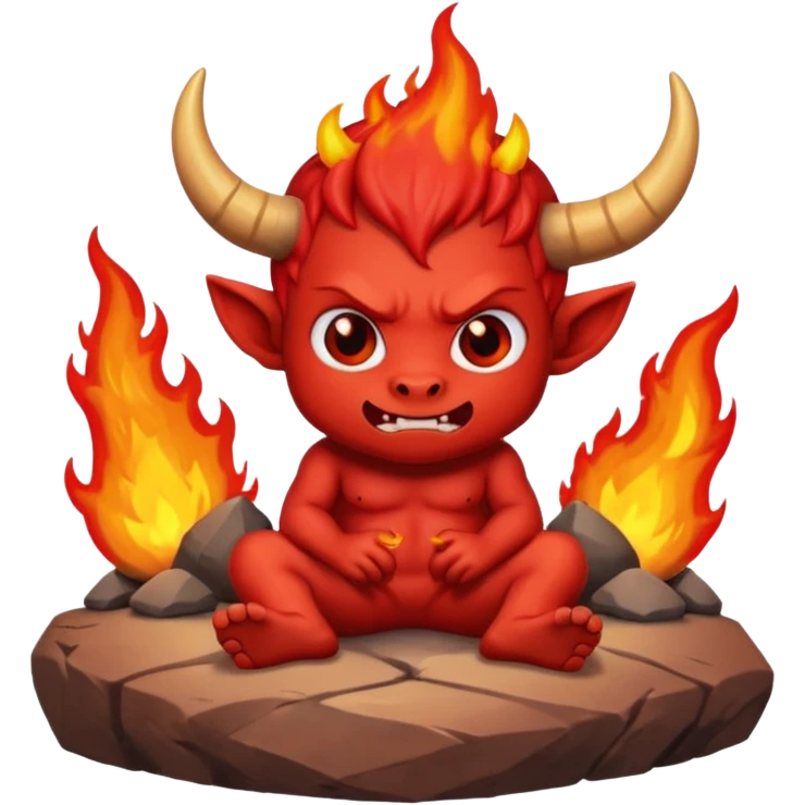 a Red devil, short horn Chibi red demon sitting on fire rock emoji