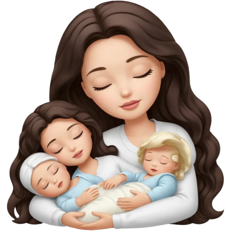 White Barbie girl dark brown long wavy hair in white clothes sleeping with white baby at cream bed, eyes are closed emoji