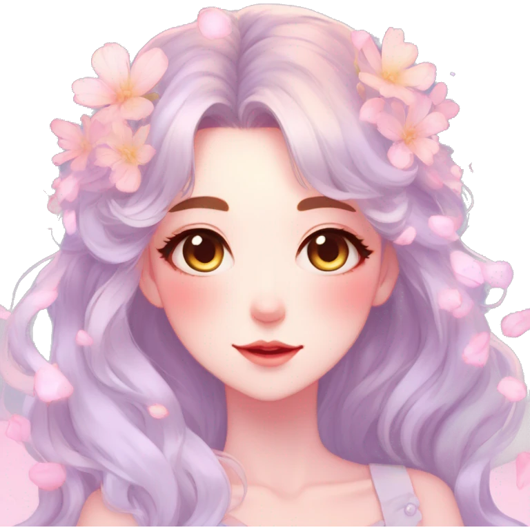 Gorgeous pastel anime style lady with blushing face with flower petals around  cottagecore fairycore pastelcore shiny colorful pearly petite simplistic aesthetic trending style emoji