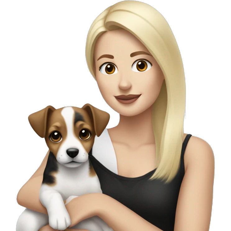 Blonde woman holding a black brown and white jack russell terrier puppy emoji