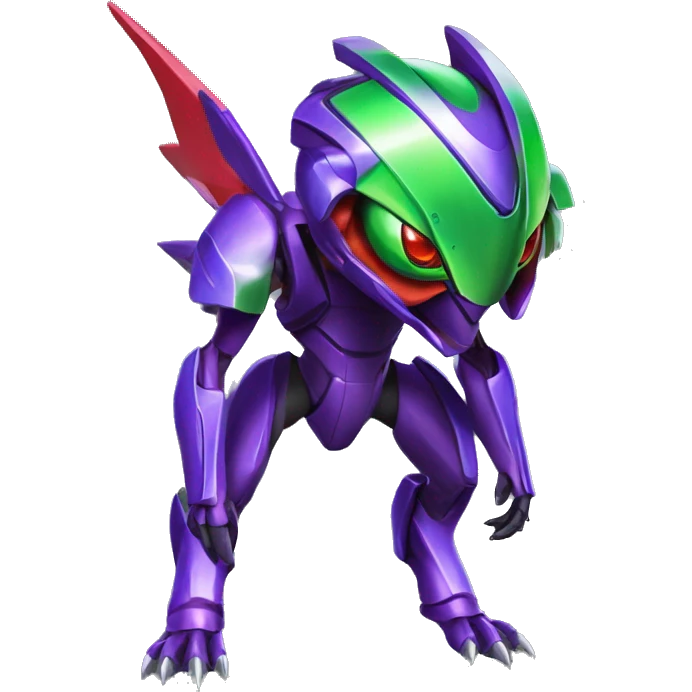 a shiny purple-green-red Genesect-Raptor-Fakémon—hybrid with a futuristic visor-helmet full body emoji