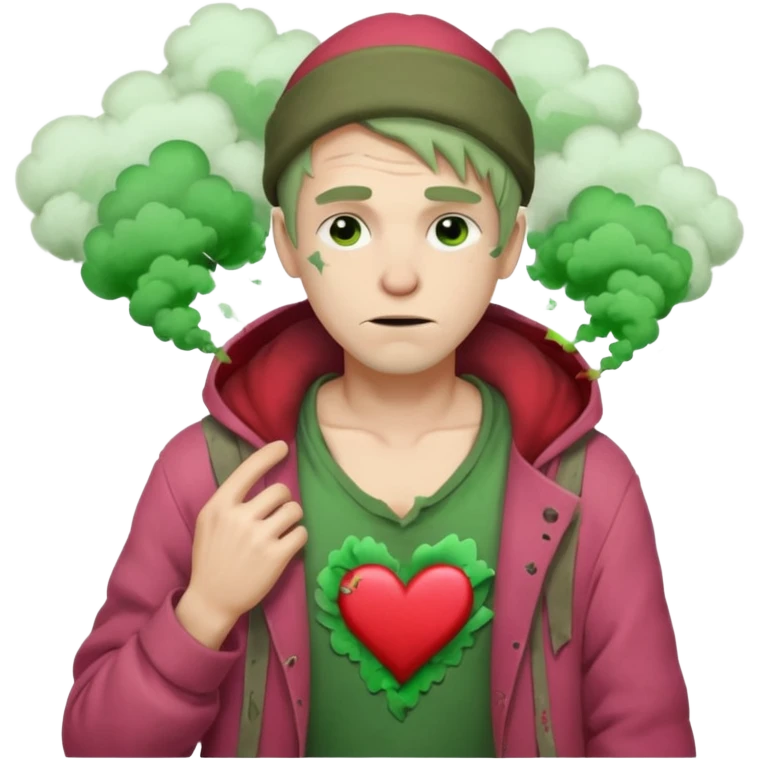Homeless Caucasian male with green smoke around him and ripped clothes with valentines decor (no balloons) emoji